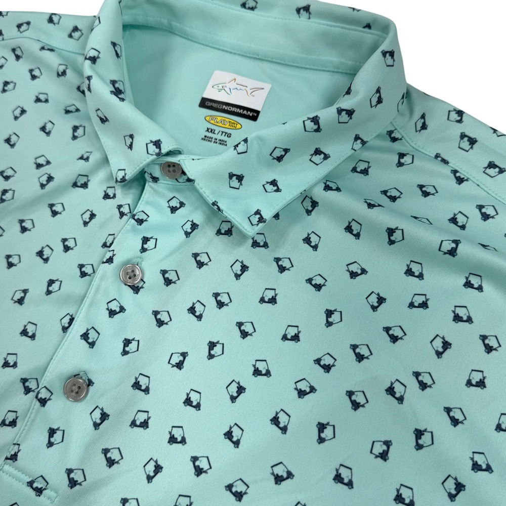Greg Norman Polo Shirt Mens XXL Mint Green Golf Cart Print Play Dry Short Sleeve